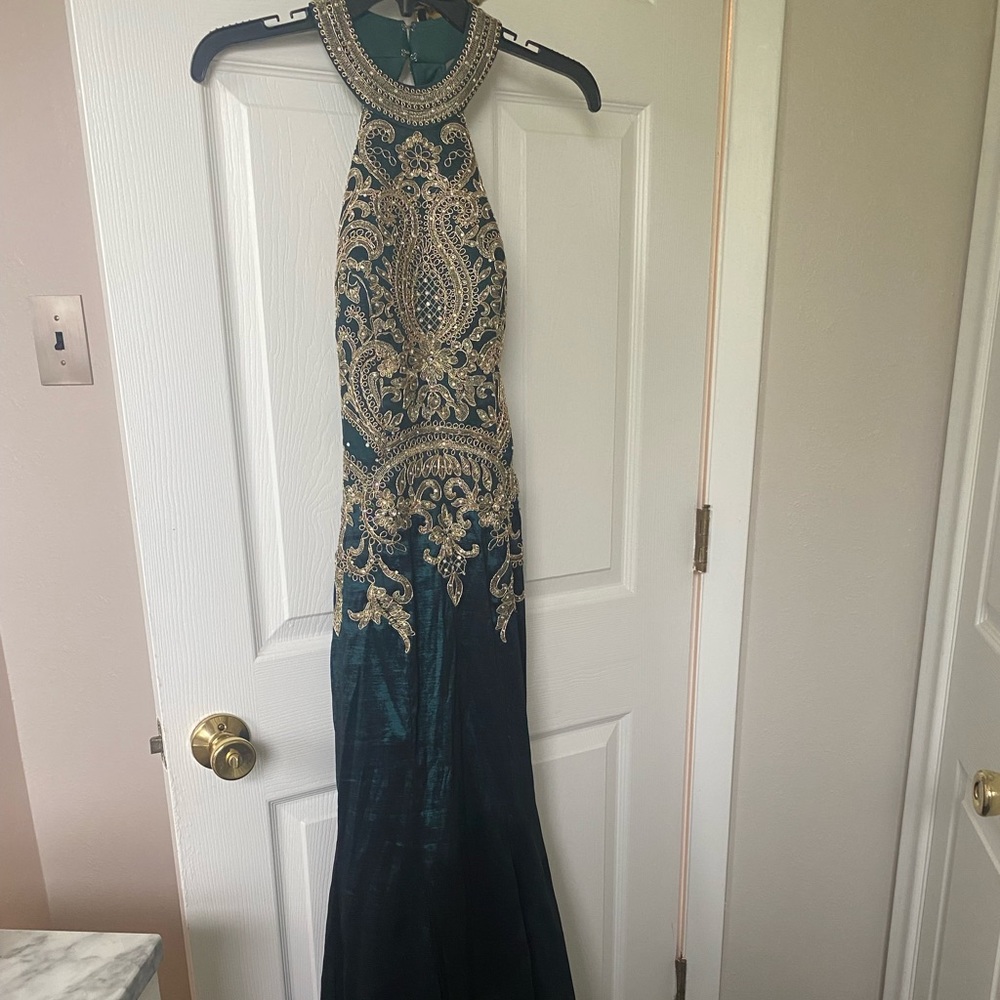 Green & gold gown.